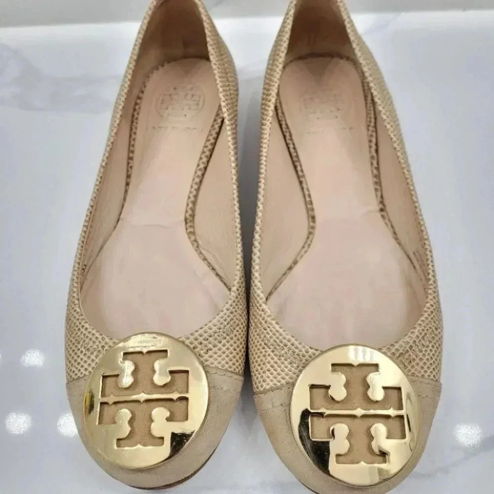 Tory Burch Serena Ballet Flat Vitraux Snake Clay Gold Cap Toe